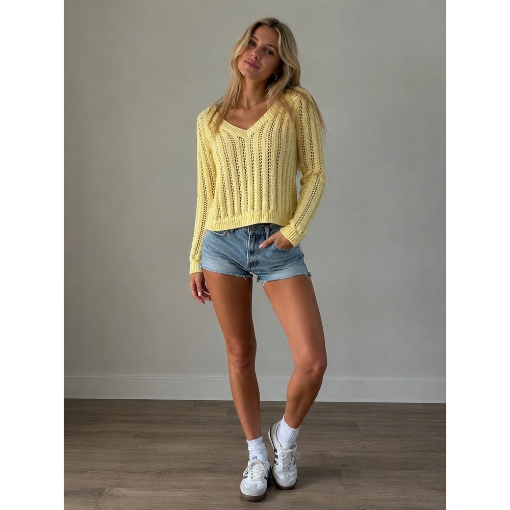 Eddie Bauer Womens S Butter Yellow Open Knit V Neck Sweater Coastal Pointelle